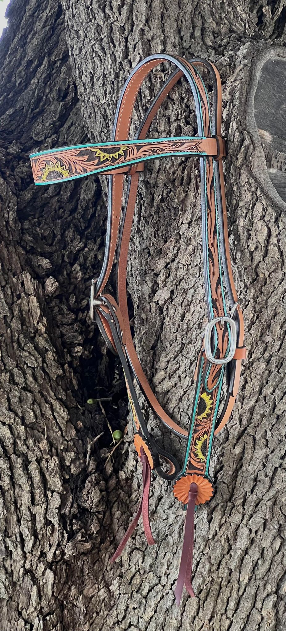 2800-Turquoise Sunflower 1-1/2" Contour browband headstall