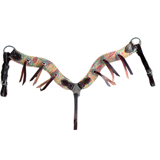 3017-Paisley 2-1/2" Wave breast collar with Paisley overlay, buckstitch & slot conchos w/ Latigo strings