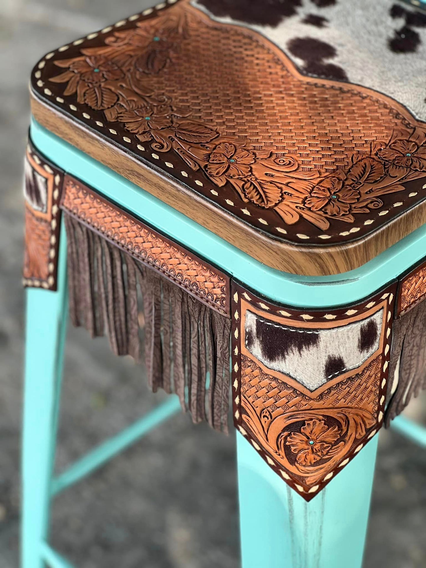 (STOCK!) SET OF 2 30" TURQUOISE SWIVEL BAR STOOLS WITH COW SUEDE & FRINGE INLAY