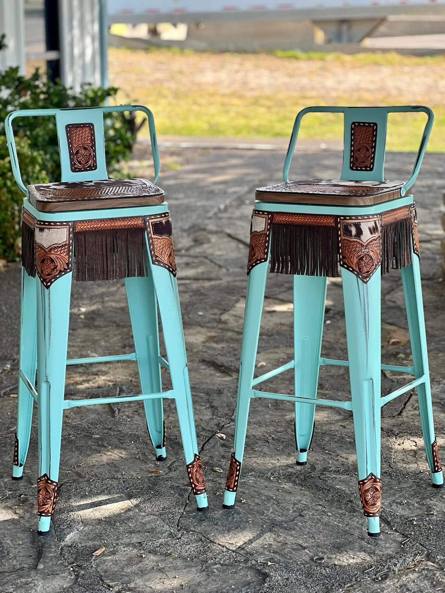 (STOCK!) SET OF 2 30" TURQUOISE SWIVEL BAR STOOLS WITH COW SUEDE & FRINGE INLAY