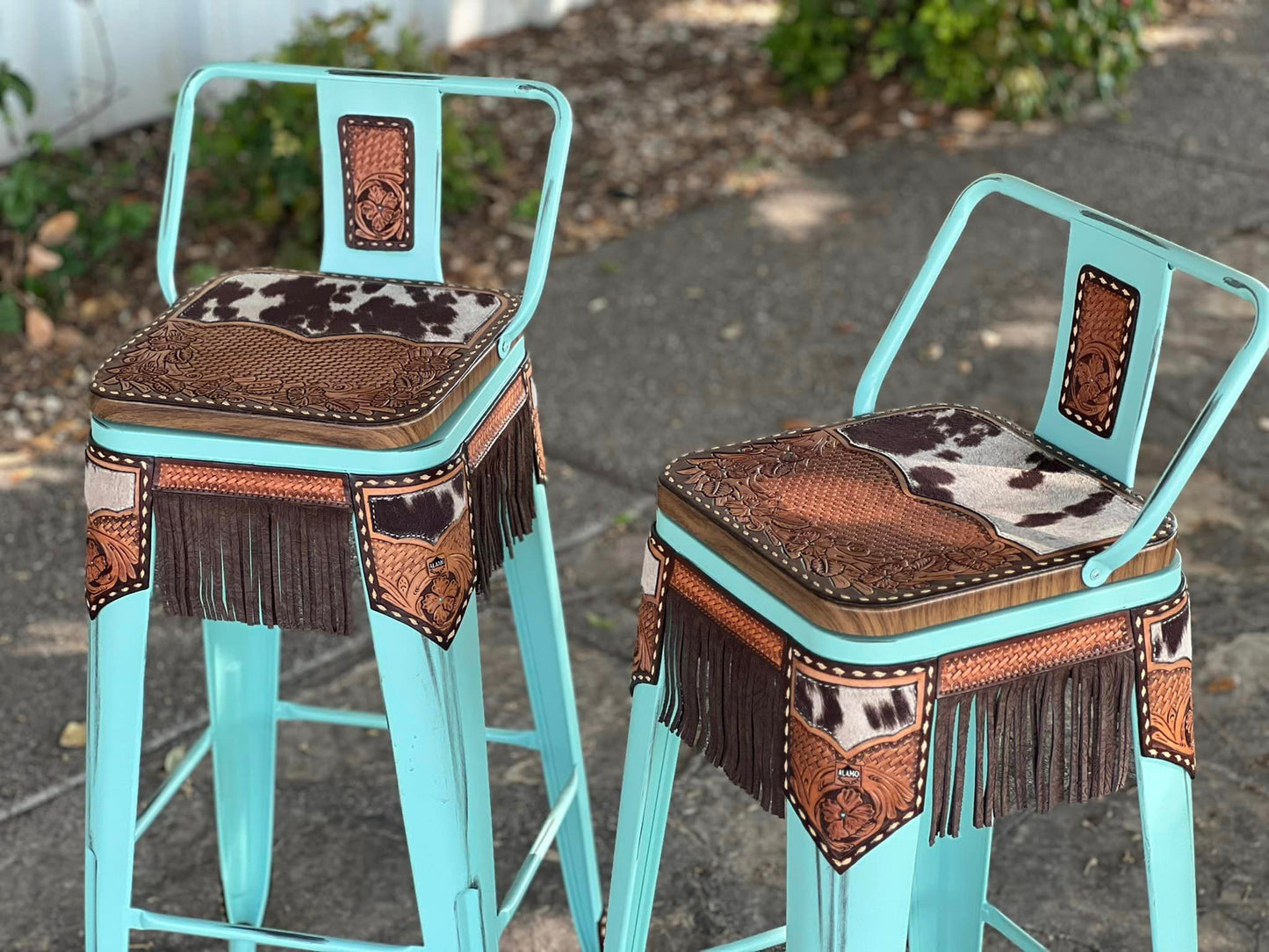 (STOCK!) SET OF 2 30" TURQUOISE SWIVEL BAR STOOLS WITH COW SUEDE & FRINGE INLAY