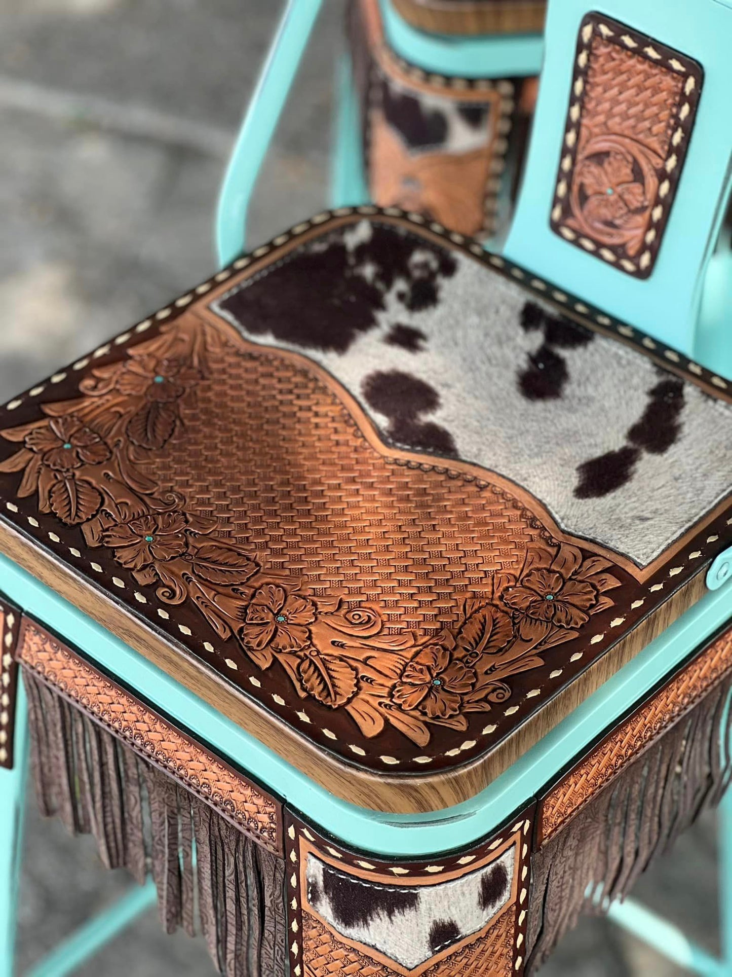 (STOCK!) SET OF 2 30" TURQUOISE SWIVEL BAR STOOLS WITH COW SUEDE & FRINGE INLAY
