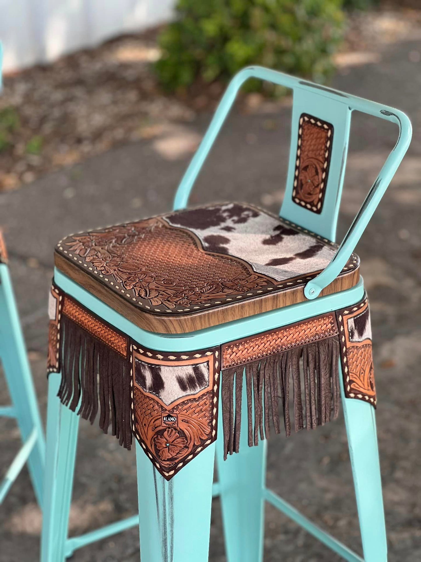 (STOCK!) SET OF 2 30" TURQUOISE SWIVEL BAR STOOLS WITH COW SUEDE & FRINGE INLAY