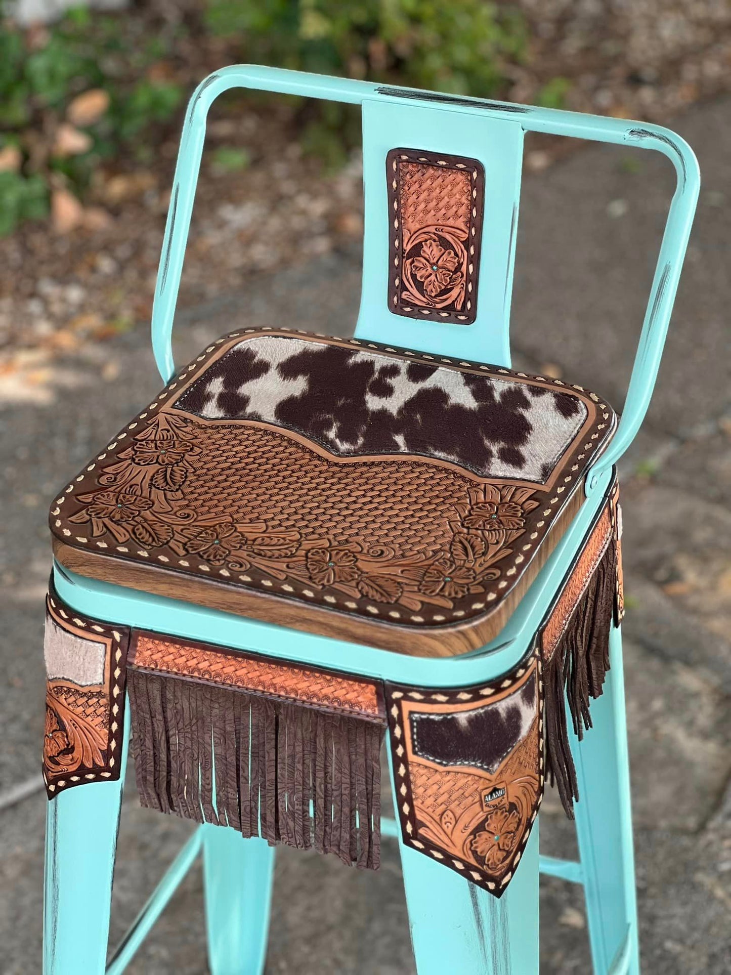 (STOCK!) SET OF 2 30" TURQUOISE SWIVEL BAR STOOLS WITH COW SUEDE & FRINGE INLAY