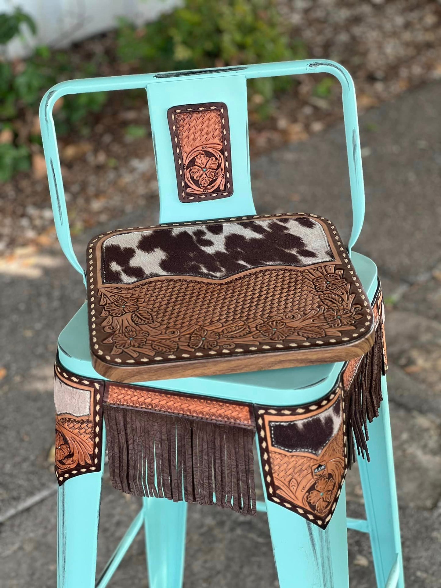 (PRE-ORDER) COW SUEDE INLAY & FRINGE Bar Stools w/ Short Back