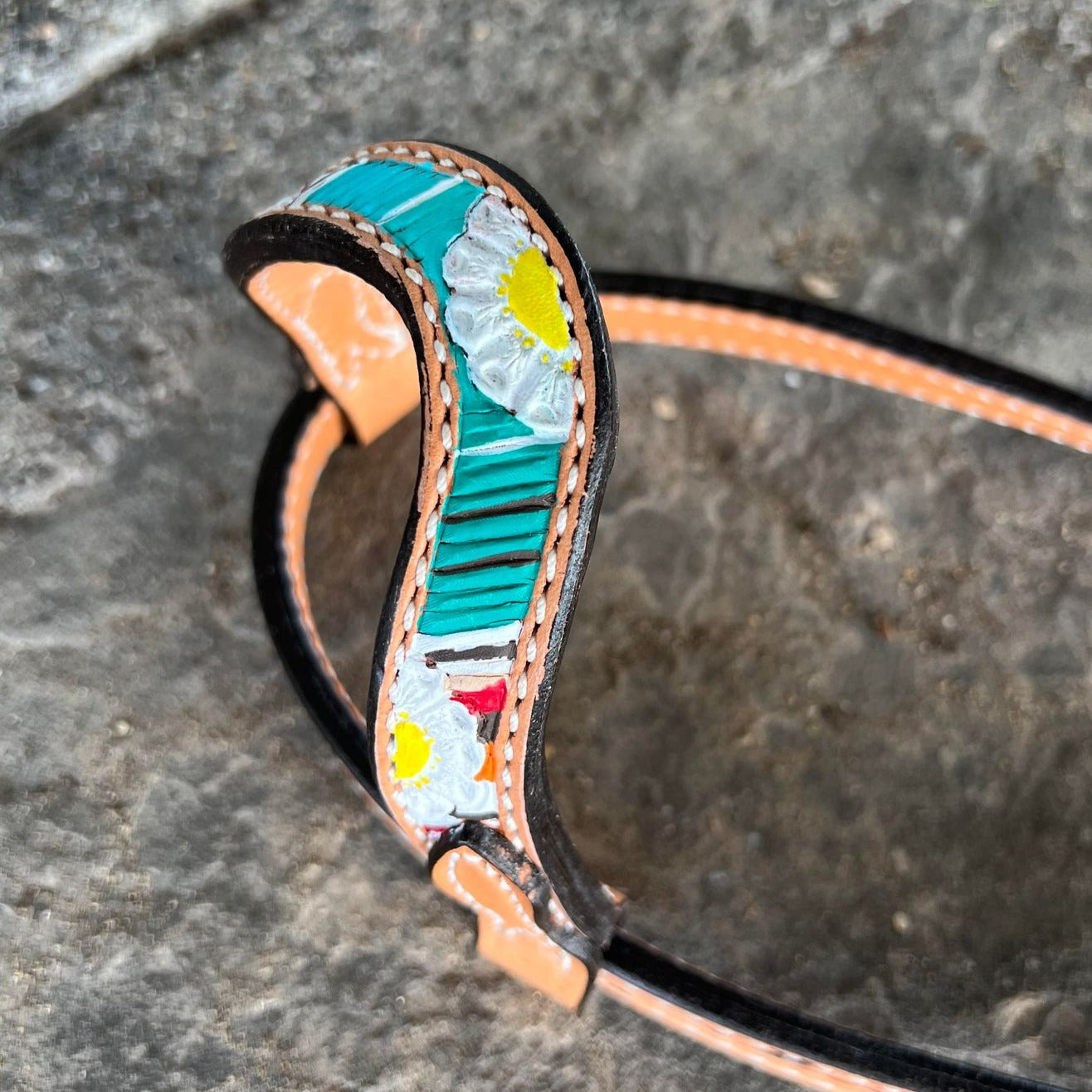 2074-SERAPE DAISY 5/8" Wave one ear headstall golden leather floral tooled with background paint