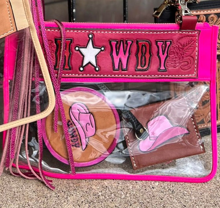 Howdy/Rowdy Clear/Stadium  leather tooled bag (WITHOUT strap)