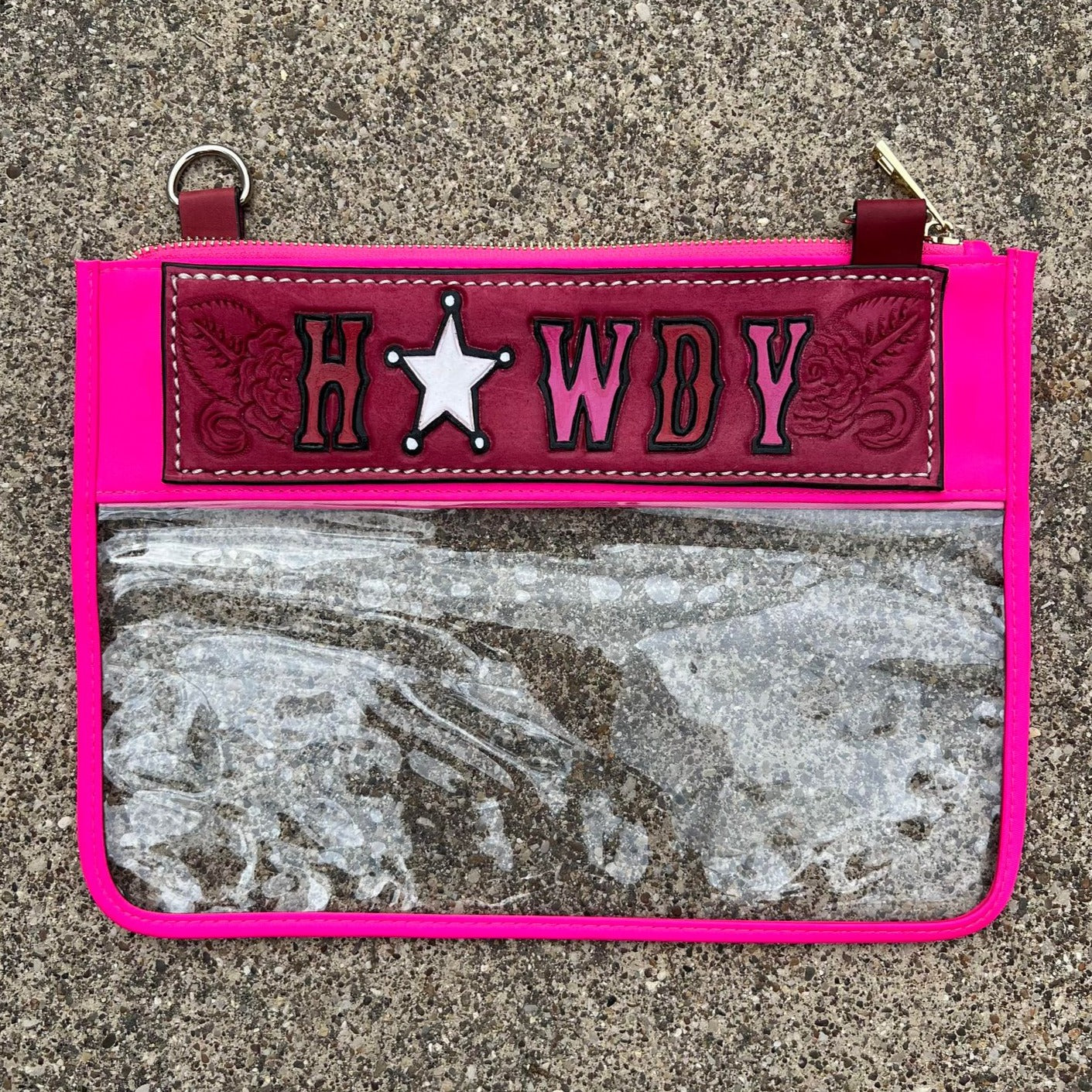 Howdy/Rowdy Clear/Stadium  leather tooled bag (WITHOUT strap)