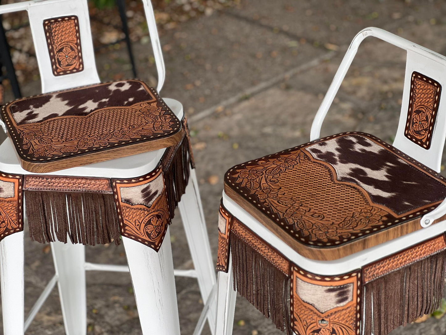 (STOCK!) SET OF 2 30" WHITE SWIVEL BAR STOOLS WITH COW SUEDE & FRINGE INLAY