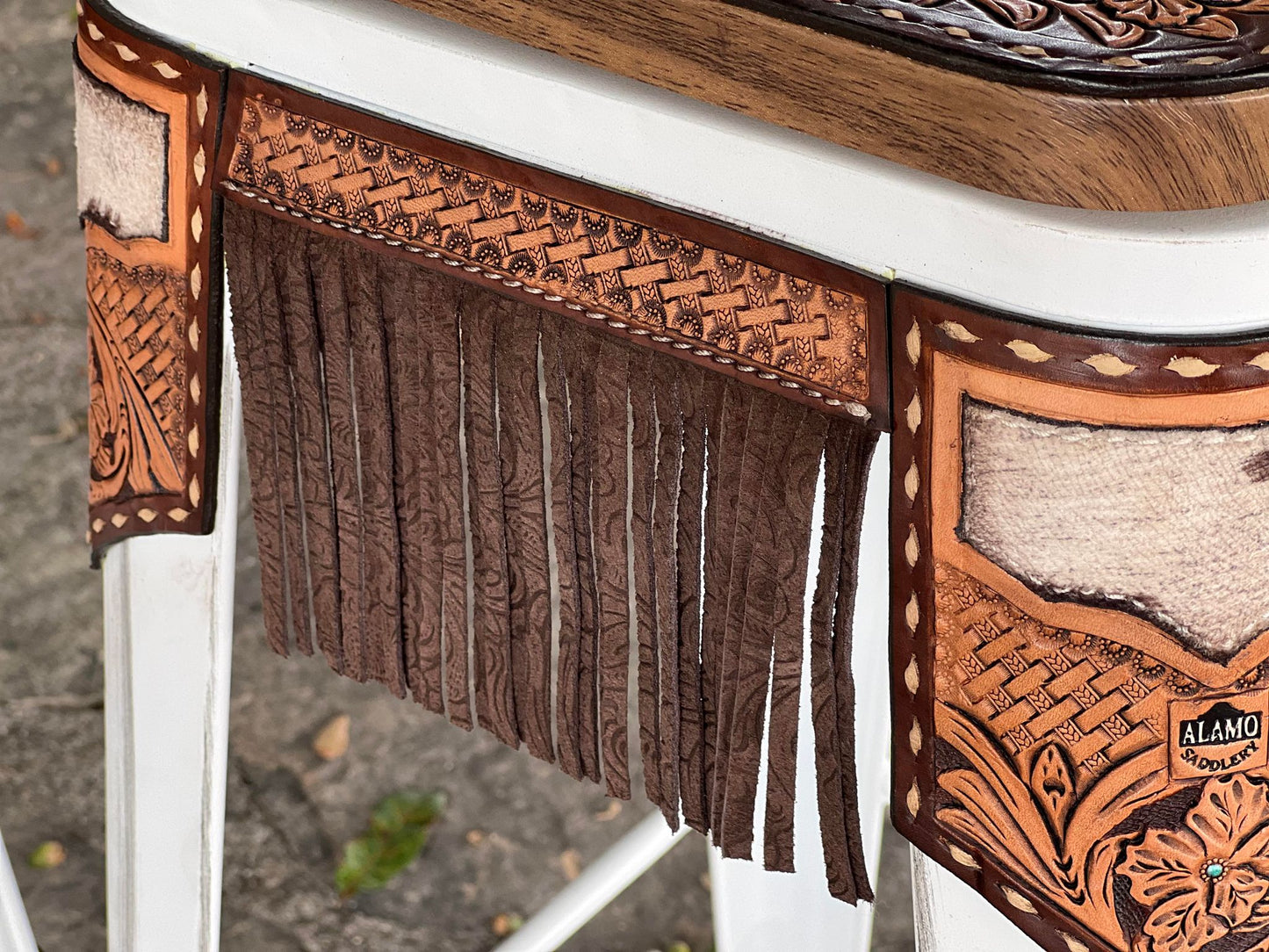(STOCK!) SET OF 2 30" WHITE SWIVEL BAR STOOLS WITH COW SUEDE & FRINGE INLAY