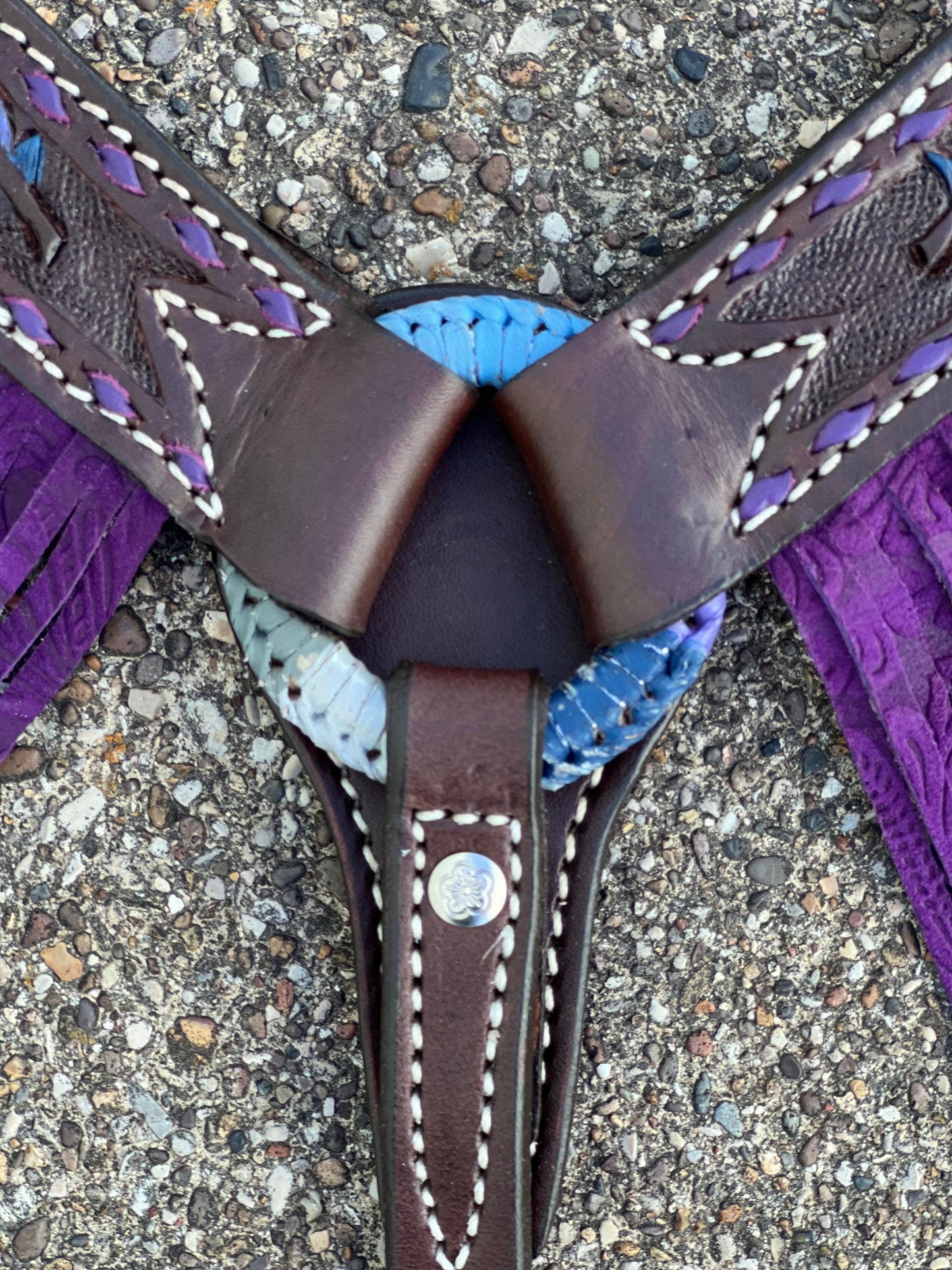 (pre-order)3F23-FEATHER 1-3/4" Contour breast collar chocolate leather multicolored tooled with purple buckstitch & Fringe & Spanish lace hardware