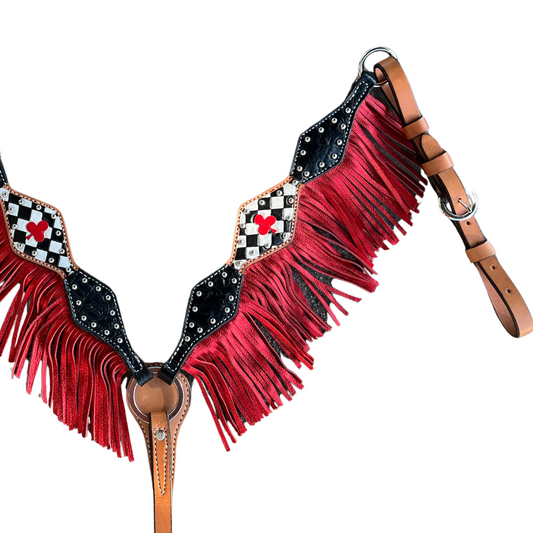 3F46- 2024 Vegas CLUB 2-1/2" Diamond breast collar w/ black gator, tooled ace with checkers, with SS spots, red metallic fringe WITH FREE MATCHING ONE EAR