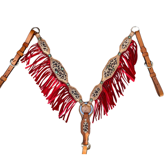 3F85-Copper Cheetah 2" breast collar golden leather with cooper crackle and cheetah overlay with fringe