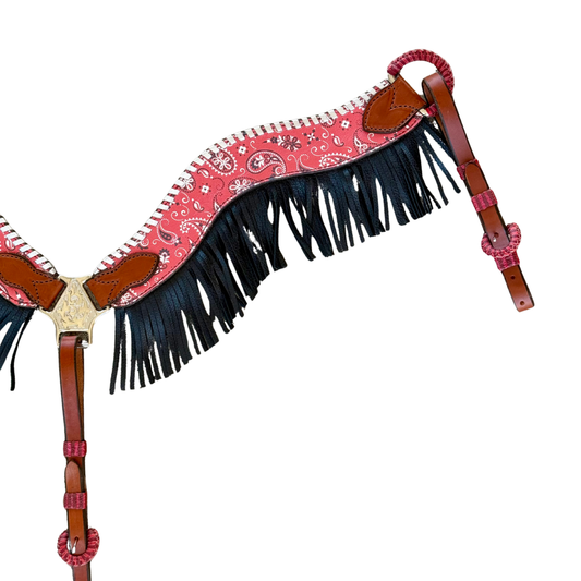 3017-BANDANA RED 2-1/2" Wave breast collar hand bandana tool and silver metallic whip-stitch