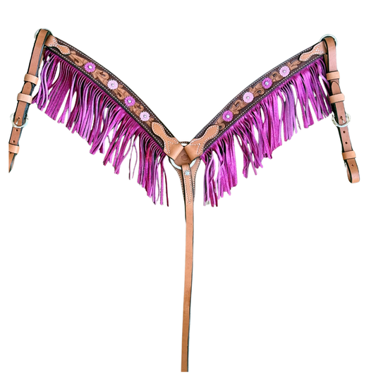 3F23-Malibu Barbie 1-3/4" Contour breast collar golden leather floral tooled with paint to the edge, ss spots, crystals and fringe.