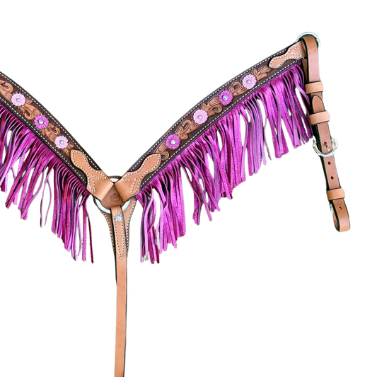 3F23-Malibu Barbie 1-3/4" Contour breast collar golden leather floral tooled with paint to the edge, ss spots, crystals and fringe.