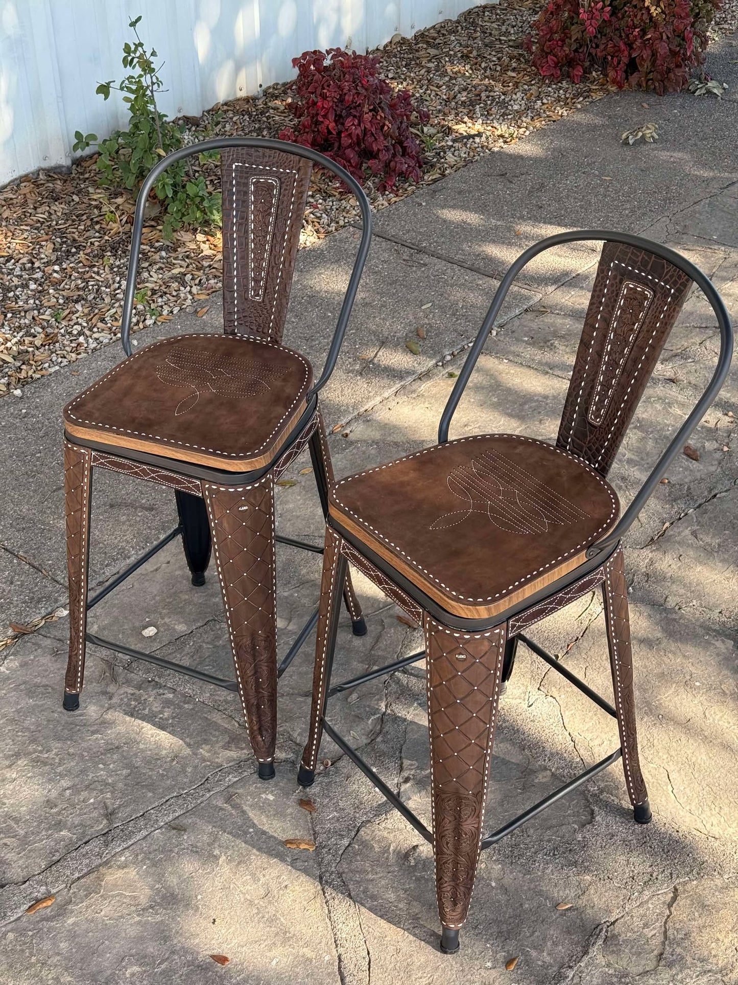 (PRE-ORDER) SWIVEL BAR STOOLS WITH TALL BACK "The Chocolate Cowboy Stitch"