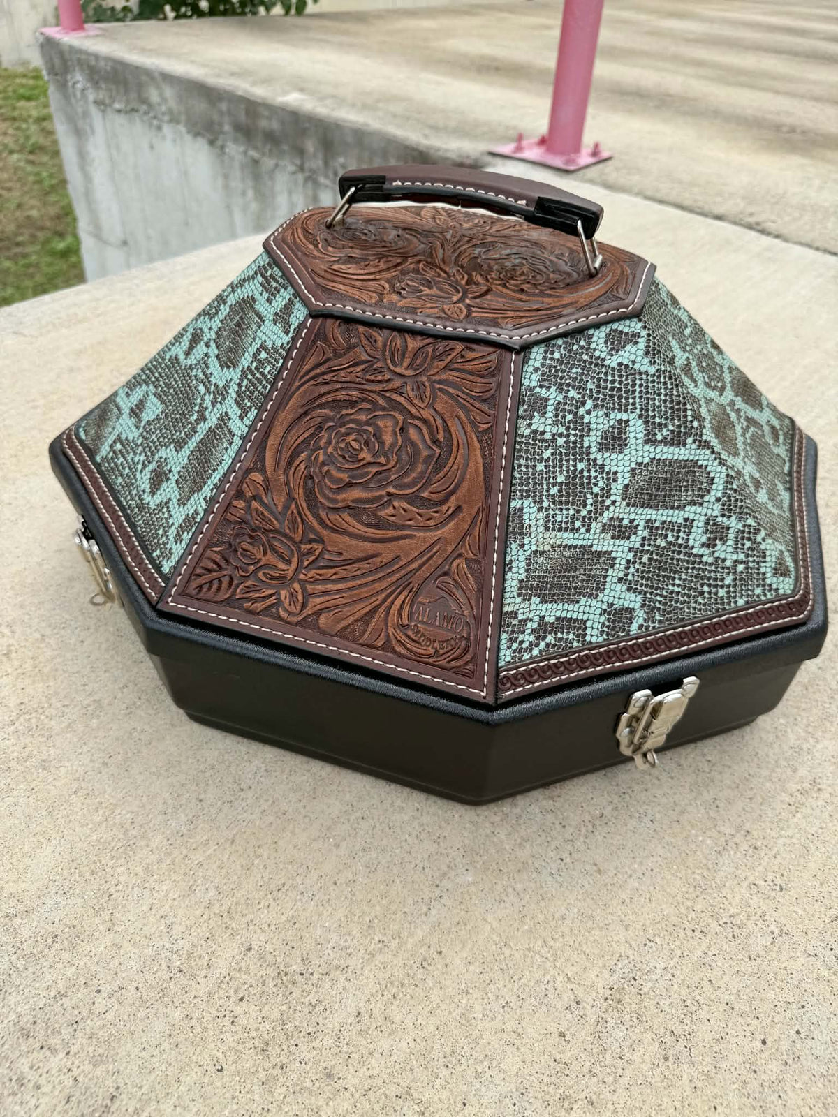 Leather Tooled Hat Can Carrier | Rose