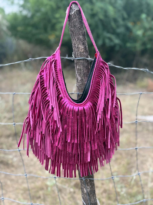 Handmade Suede Fringe Handbag | Rowdy Rag Bag Metallic Pink