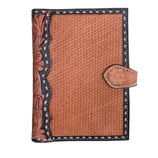 Bible cover golden leather basket and wild rose tooling with paint to the edge and buckstich