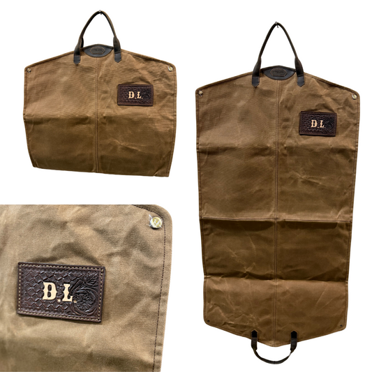 Custom Leather Trim Garment Bag w/ lettering