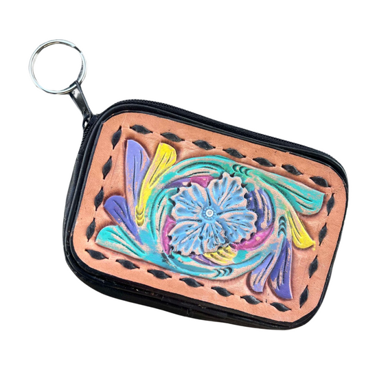 Tooled keychains Coin bags- Neon Cowgirl Keychain