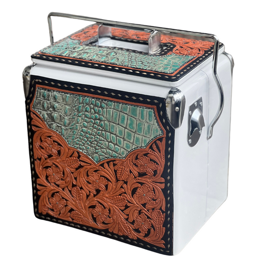 Retro Rodeo White Cooler- Turquoise Gator