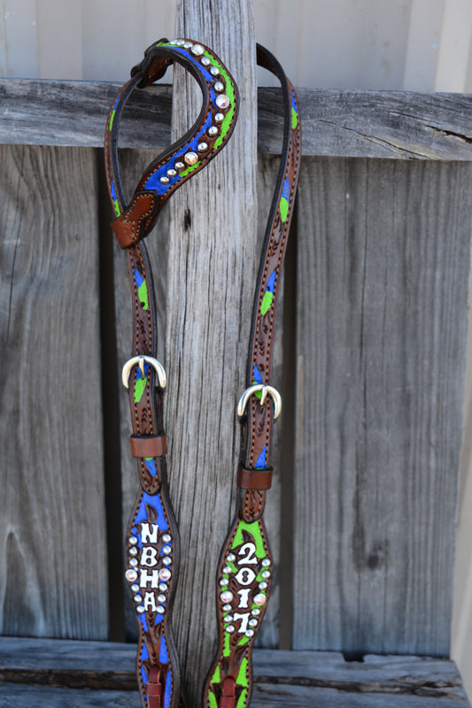 Rodeo Award | Wave one ear floral tooled w/ background paint & SS spots & Crystals