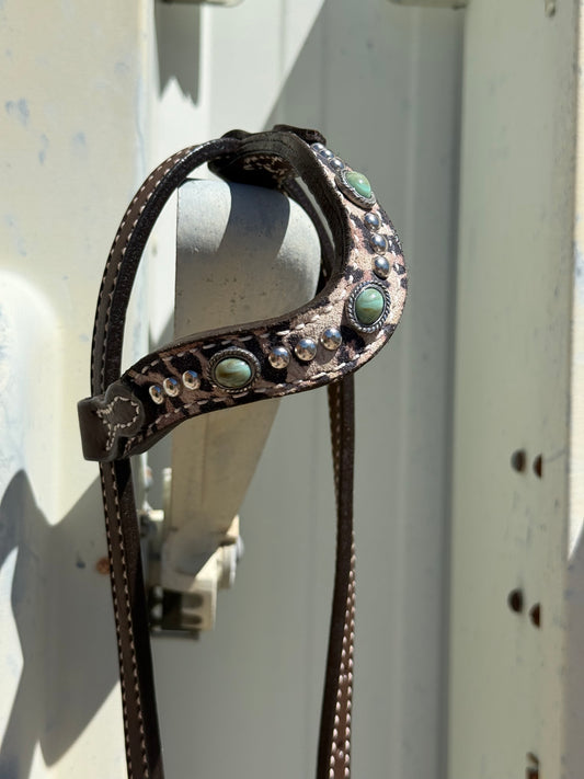 2074-CHEETAH 5/8" Wave one ear headstall rough out golden leather cheetah overlay with stones and spots