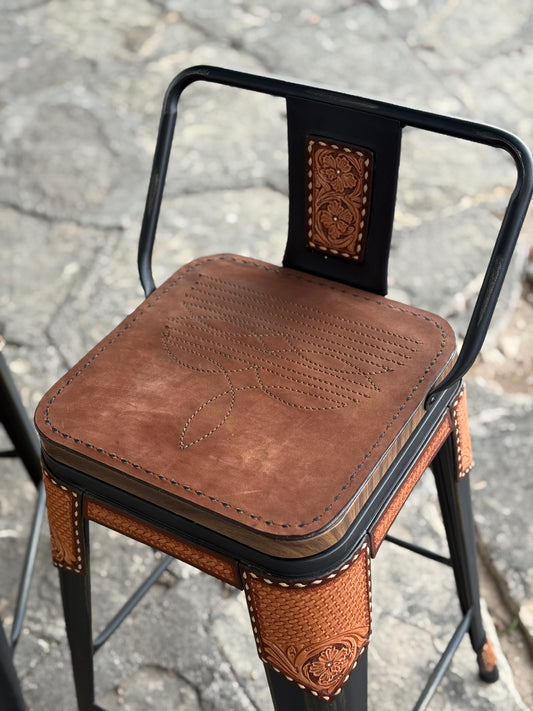 (STOCK) SET OF 2 24" CHOCOLATE Cowboy Stitch Bar Stools on BLACK stools