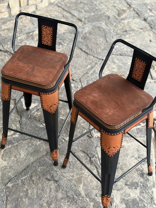 (STOCK) SET OF 2 24" CHOCOLATE Cowboy Stitch Bar Stools on BLACK stools
