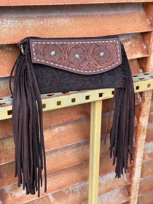 Fringe Clutch- Turquoise Stone (chocolate)