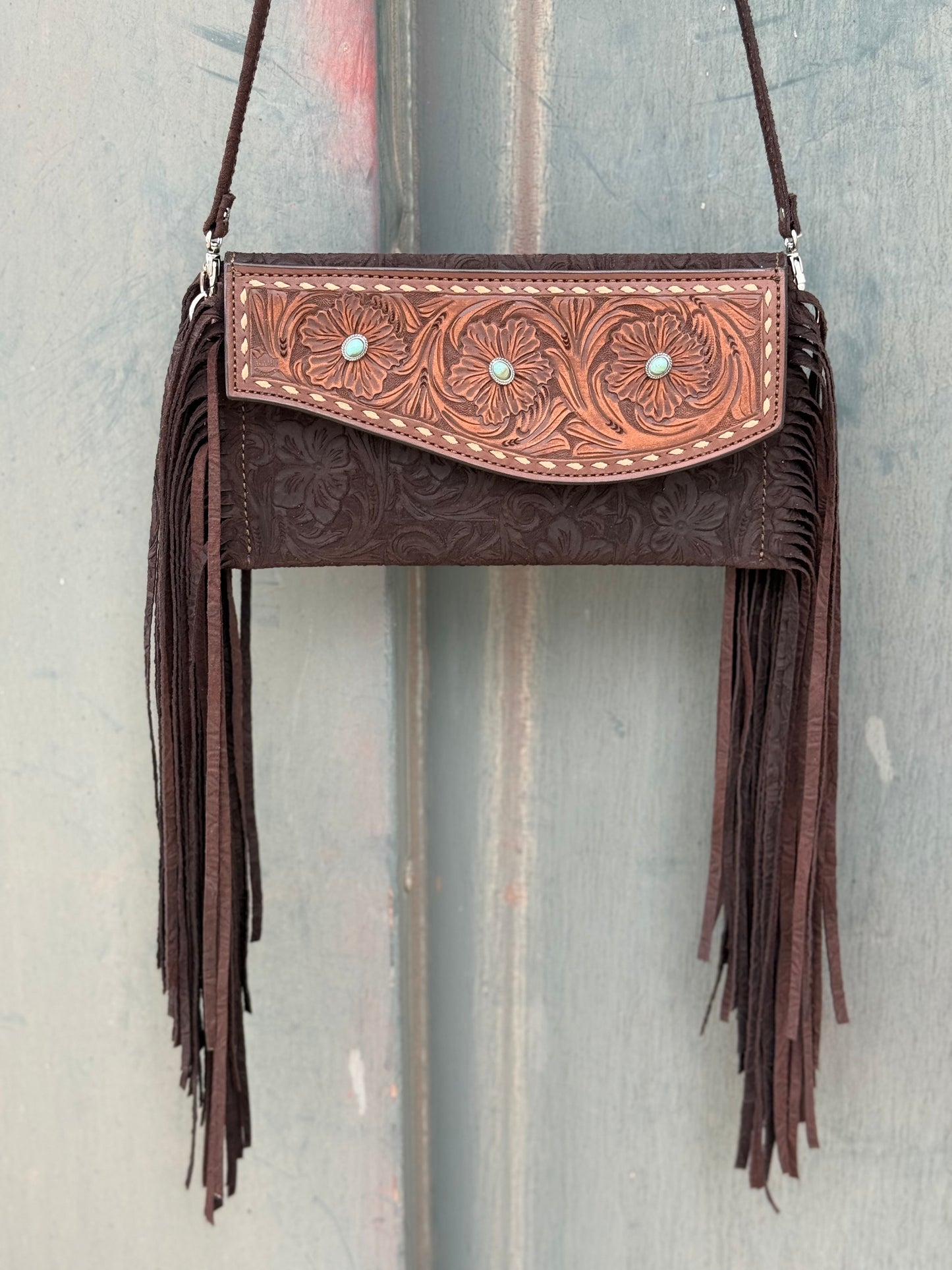 Fringe Clutch- Turquoise Stone (chocolate)