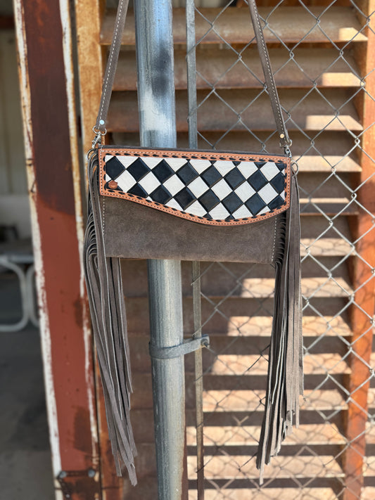 Fringe Clutch- Checkered in grey