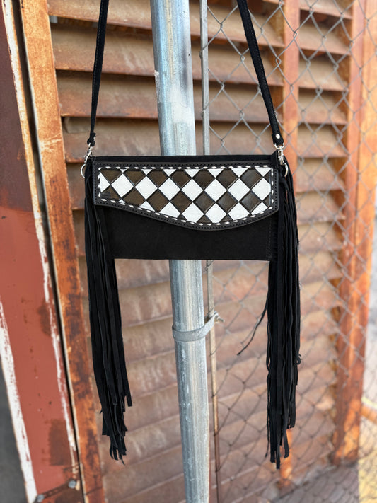 Fringe Clutch- Checkered in black