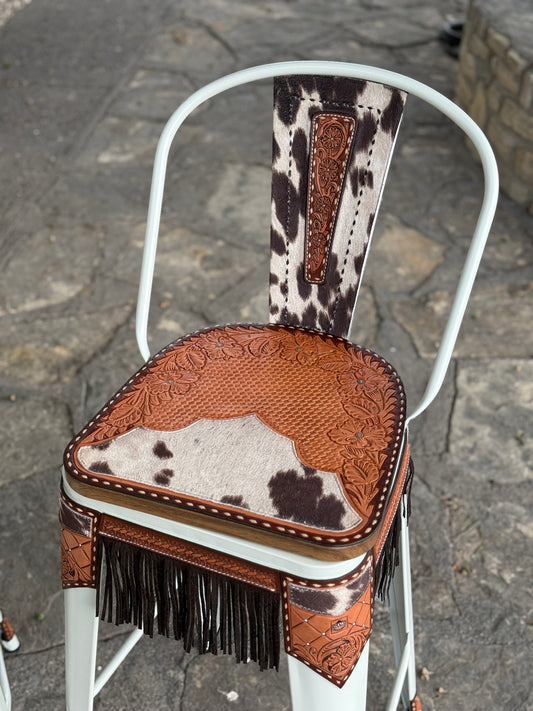 (STOCK) SET OF 2 30" WHITE SWIVEL BAR STOOL WITH COW SUEDE FRINGE