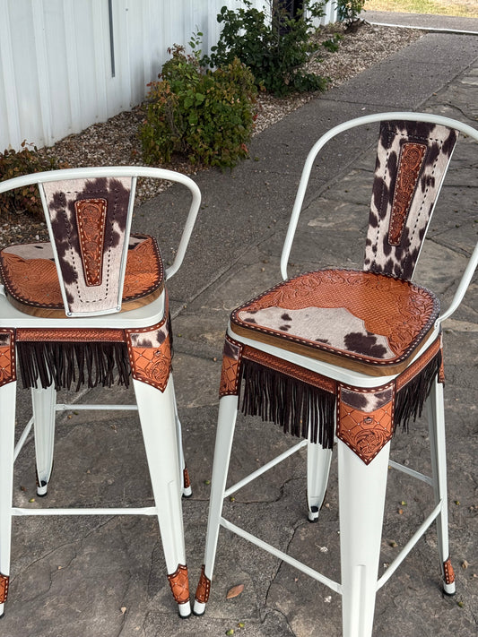 (PRE-ORDER) COW SUEDE INLAY & FRINGE Bar Stools w/ TALL BACK
