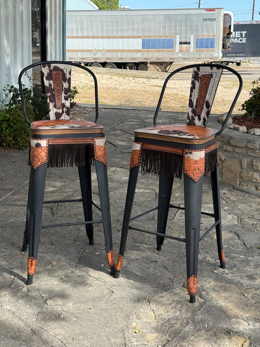 (STOCK) SET OF 2 30" BLACK SWIVEL BAR STOOL WITH GOLDEN COWBOY STITCH & FRINGE