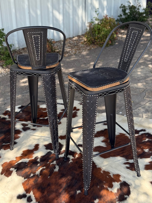 (PRE-ORDER) SWIVEL BAR STOOLS WITH TALL BACK "The Black Cowboy Stitch"