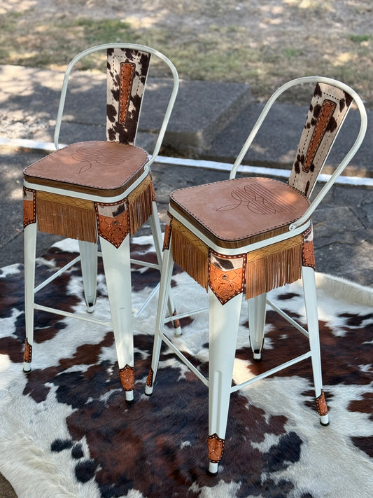 (PRE-ORDER) COW SUEDE INLAY & FRINGE Bar Stools w/ TALL BACK (COPPER FRINGE)