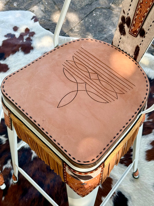 (PRE-ORDER) COW SUEDE INLAY & FRINGE Bar Stools w/ TALL BACK (COPPER FRINGE)