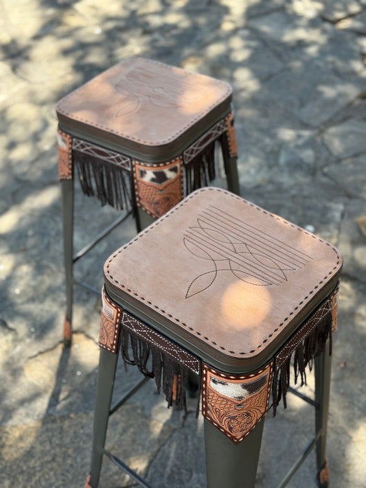 (STOCK) Set of 2 30" black bar stools w/ GOLDEN COWBOY STITCH & Fringe