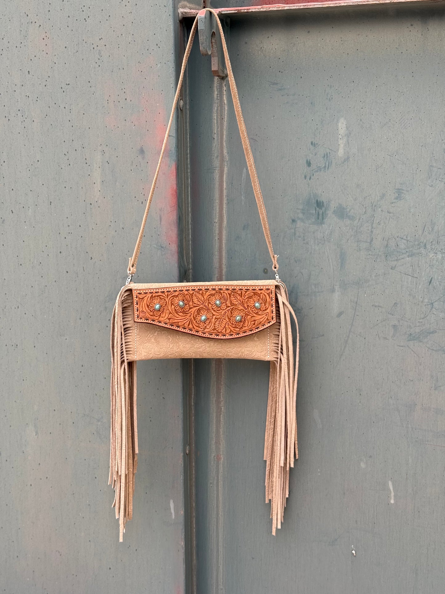 Fringe Clutch- Turquoise Stone (cream)
