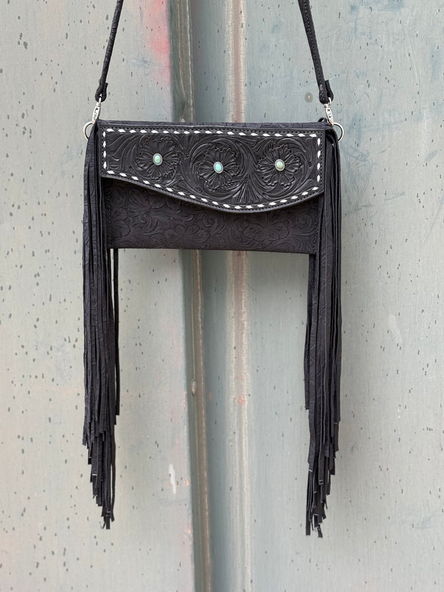 Fringe Clutch- Turquoise Stone (black)