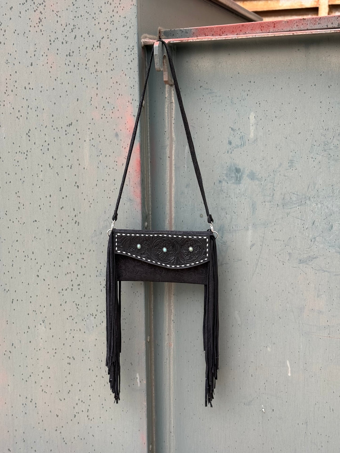 Fringe Clutch- Turquoise Stone (black)