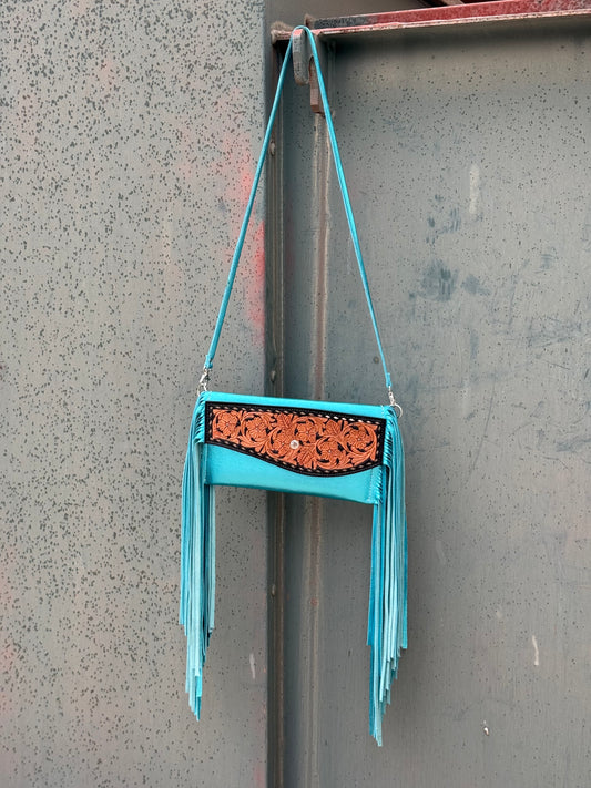 Fringe Clutch- Turquoise Metallic