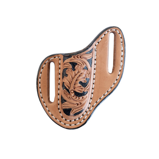 Pancake knife sheath golden leather acorn tooling with background paint