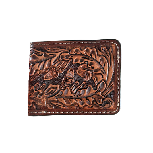 Bi-fold wallet golden leather poco oak tooling with background paint