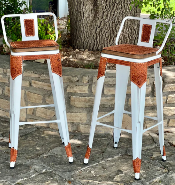 (STOCK!) SET OF 2 WHITE SWIVEL BAR STOOLS W/ THE COWBOY
