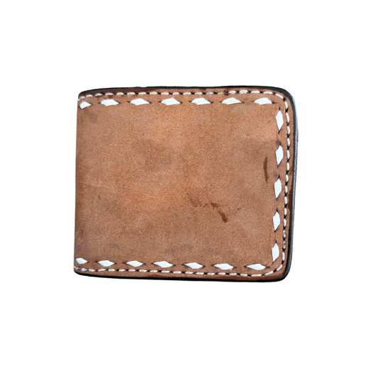 Bi-fold wallet rough out chocolate leather with buckstitch